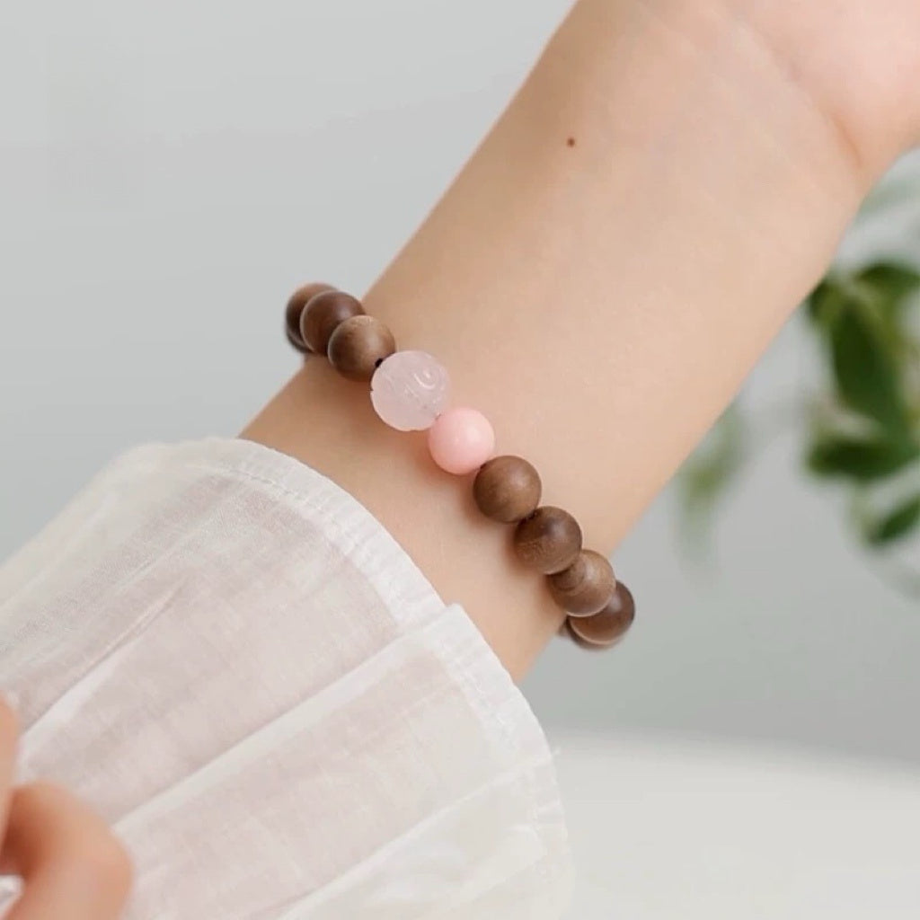 Old Sandalwood & Pink Crystal Wooden Bracelet : - Seekcase