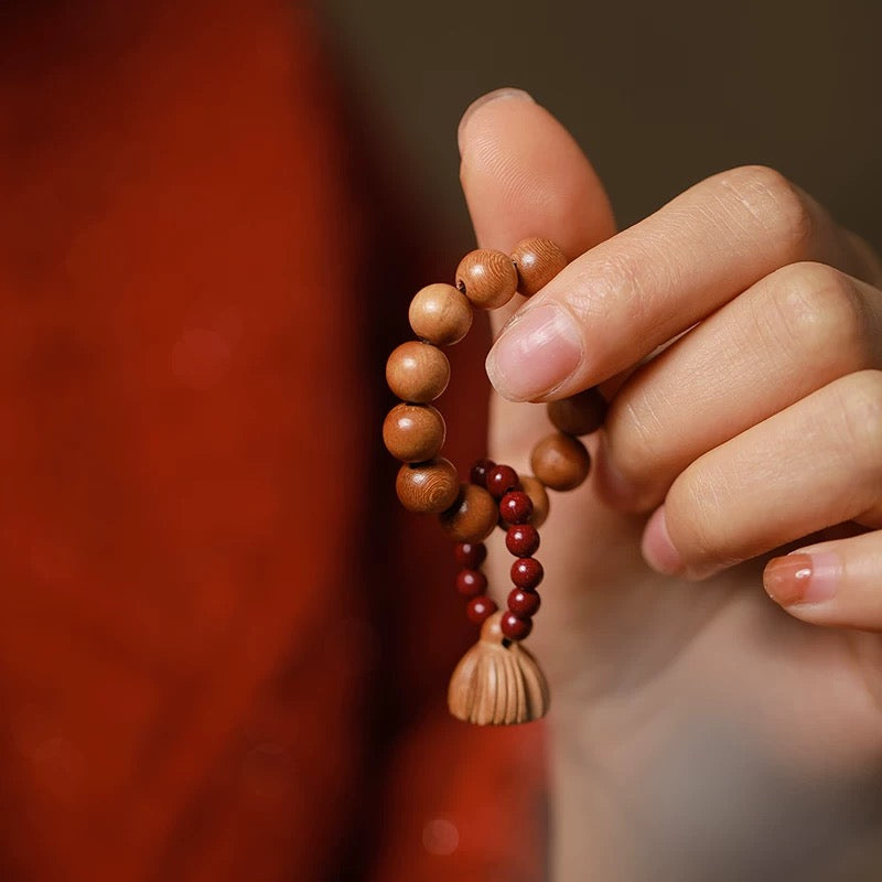 Cinnabar & Peach Wood Meditation Bracelet : - Seekcase