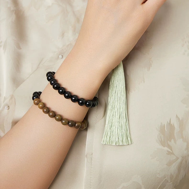 Black Obsidian & Green Sandalwood Bracelet : - Seekcase