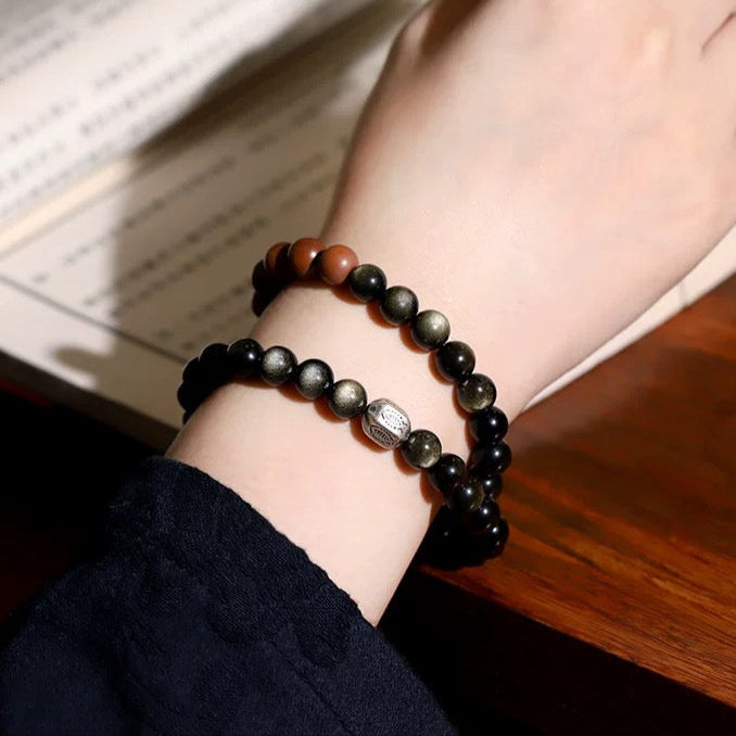Double-Layer Black Obsidian & Sandalwood Bracelet : - Seekcase