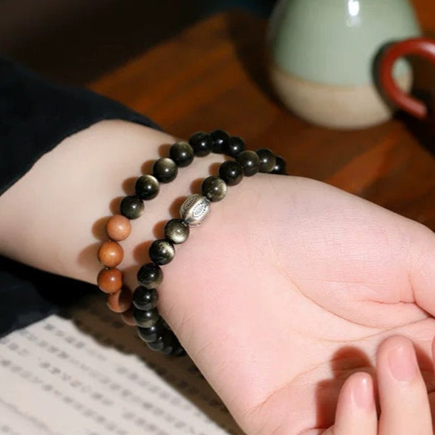 Double-Layer Black Obsidian & Sandalwood Bracelet : - Seekcase