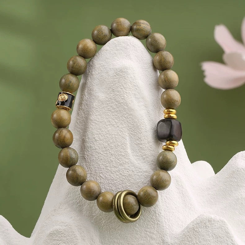 Green & Black Sandalwood Bracelet with Copper Rings : - Seekcase