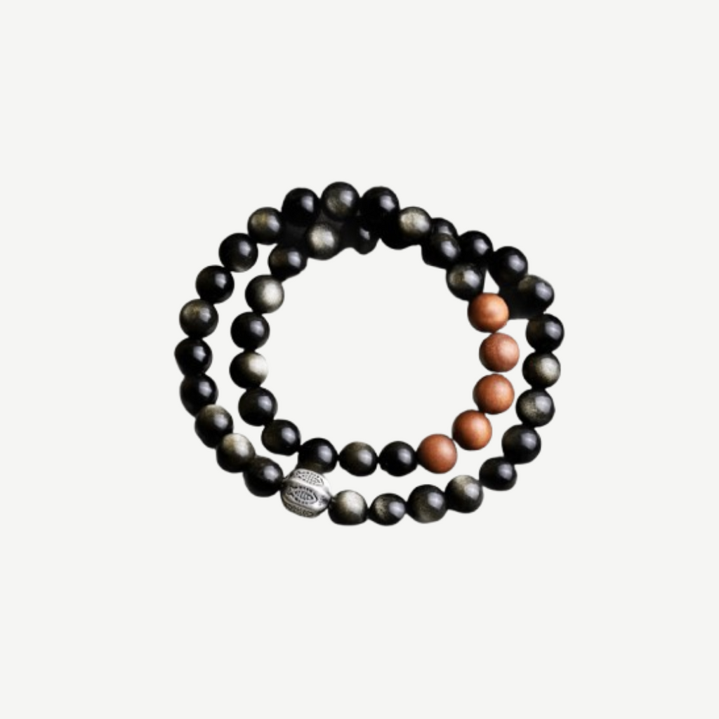 Double-Layer Black Obsidian & Sandalwood Bracelet : - Seekcase