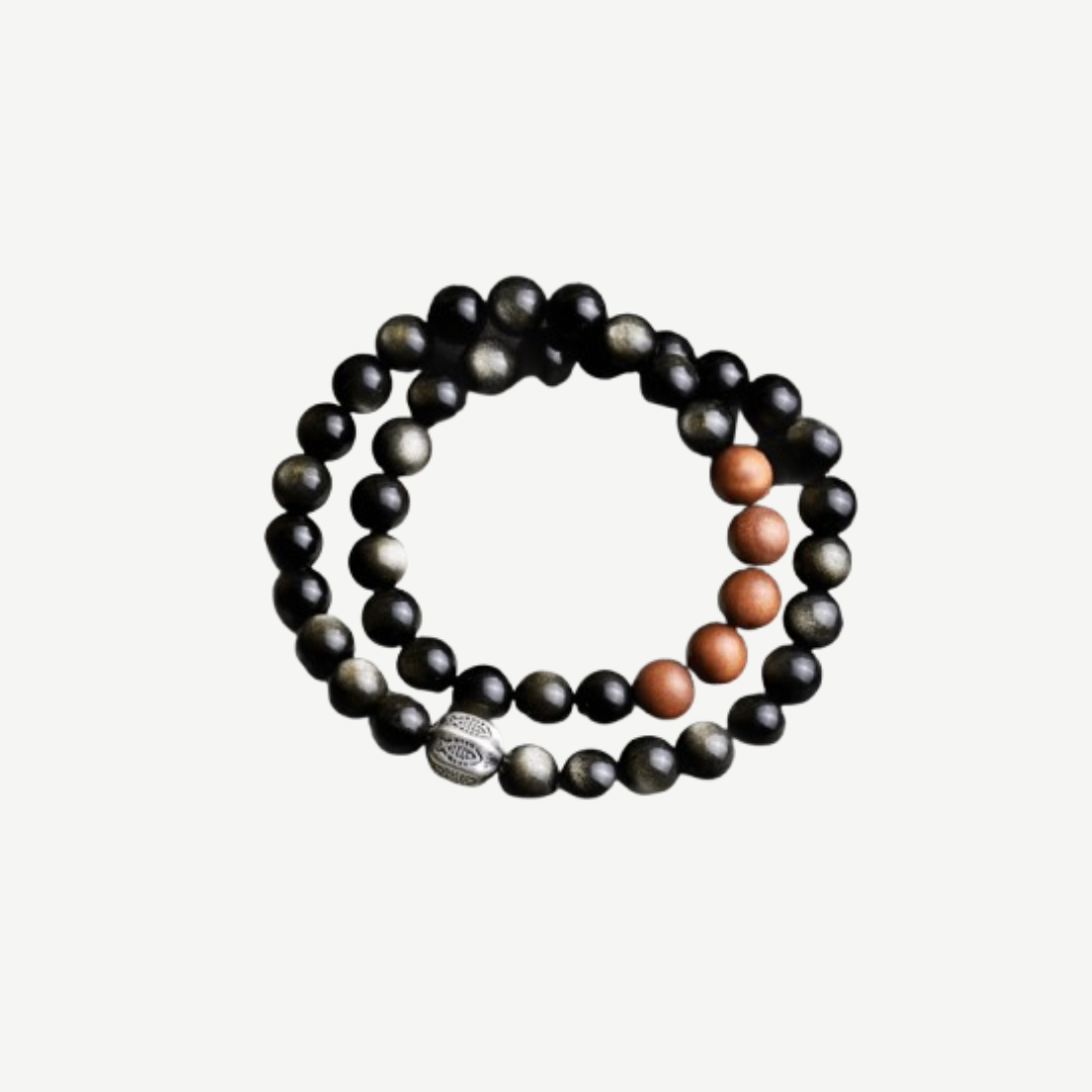 Double-Layer Black Obsidian & Sandalwood Bracelet : - Seekcase