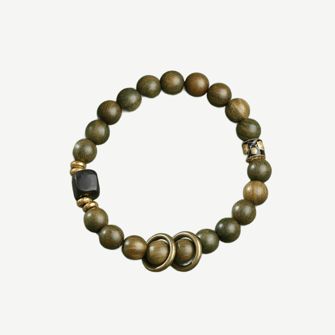 Green & Black Sandalwood Bracelet with Copper Rings : - Seekcase