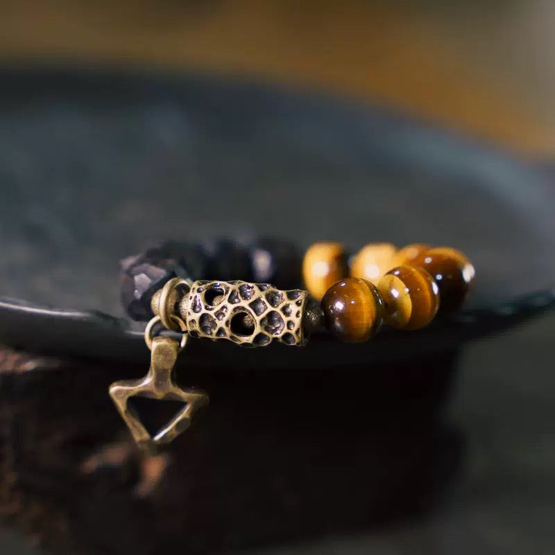 Onyx Wood & Tiger's Eye with Brass Pendant Bracelet : - Seekcase