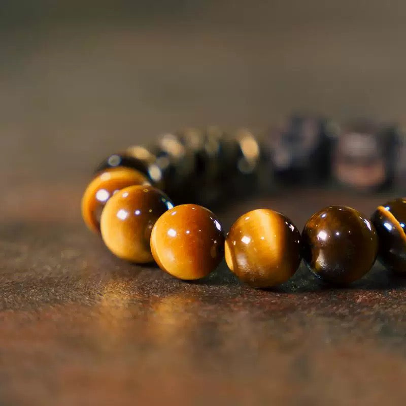 Onyx Wood & Tiger's Eye with Brass Pendant Bracelet : - Seekcase