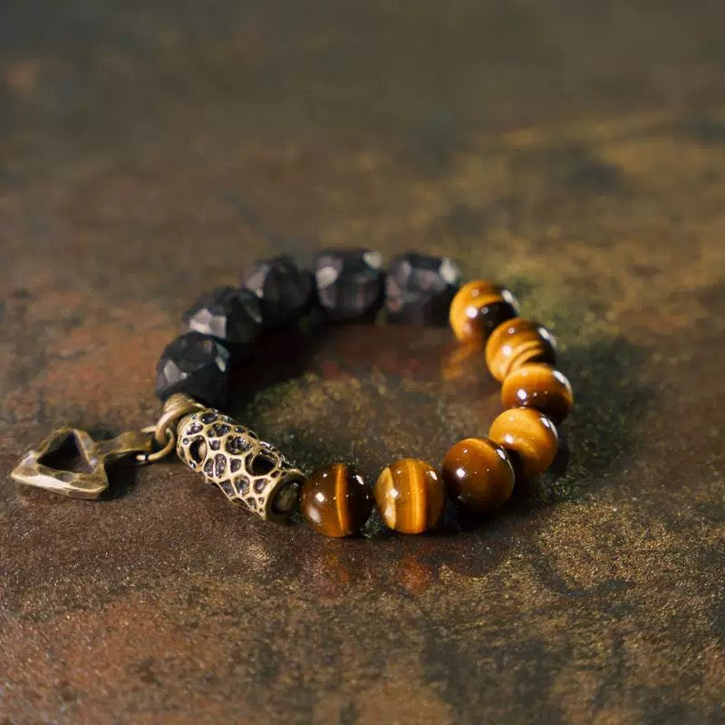 Onyx Wood & Tiger's Eye with Brass Pendant Bracelet : - Seekcase
