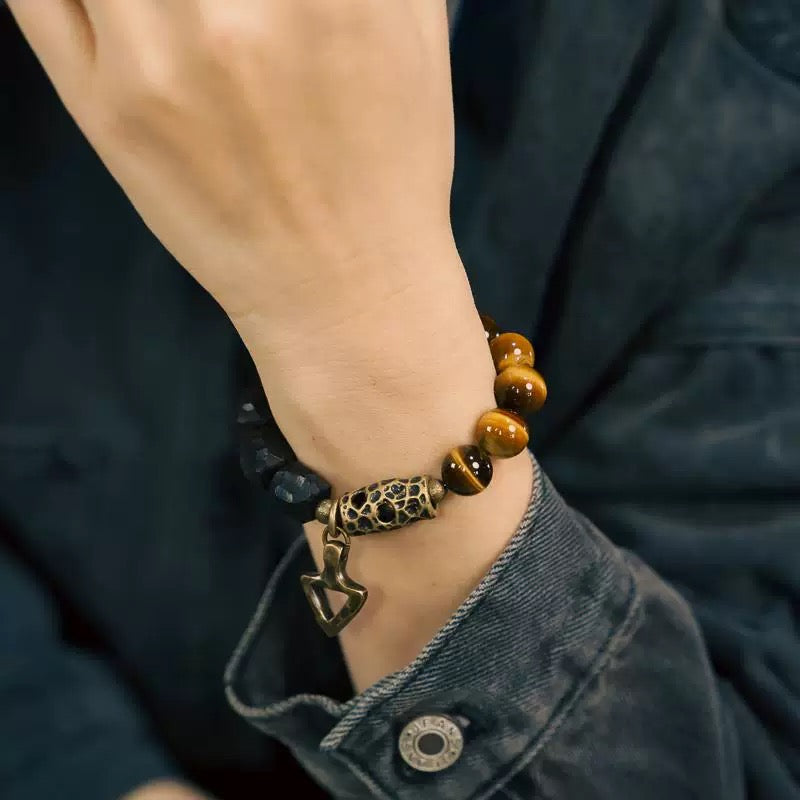 Onyx Wood & Tiger's Eye with Brass Pendant Bracelet : - Seekcase