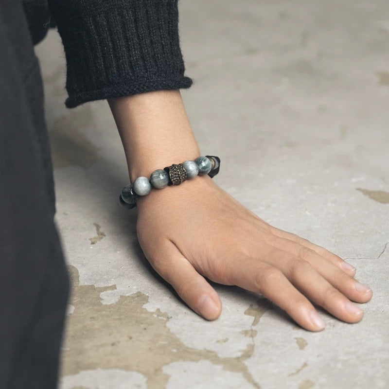 Ebony Wood & Hawk's Eye with Brass Accent Bracelet : - Seekcase