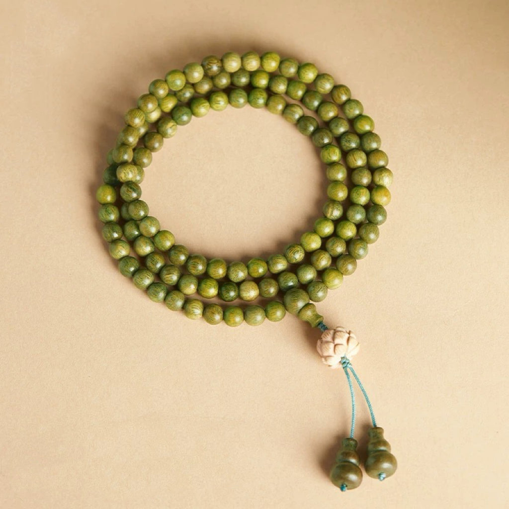108-Bead Color-Shifting Green Sandalwood Mala : Lotus and Gourd Pendant Design - Seekcase